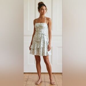 Ruffled Tiered Sundress in Light Green White Tie Neck Flowy Travel Party Sz S